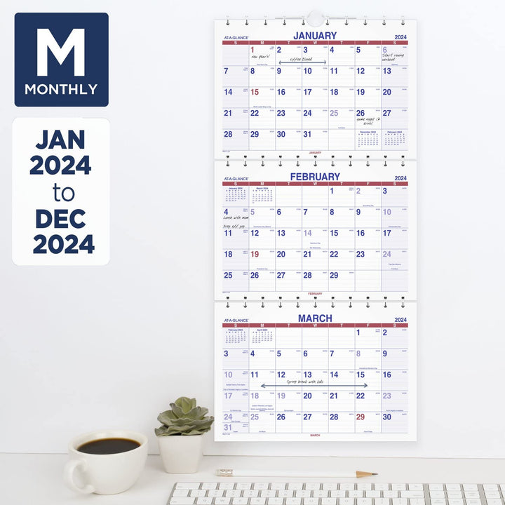 AT-A-GLANCE 2024 Wall Calendar, 12" x 26-1/2", Large, Three-Month, Move-A-Page (PMLF112824) 2024 Old Edition