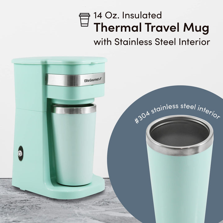 Elite Gourmet EHC117M Personal Single-Serve Compact Coffee Maker Brewer Includes 14Oz. Thermal Travel Mug with Stainless Steel Interior, Compatible with Coffee Grounds, Reusable Filter, Mint