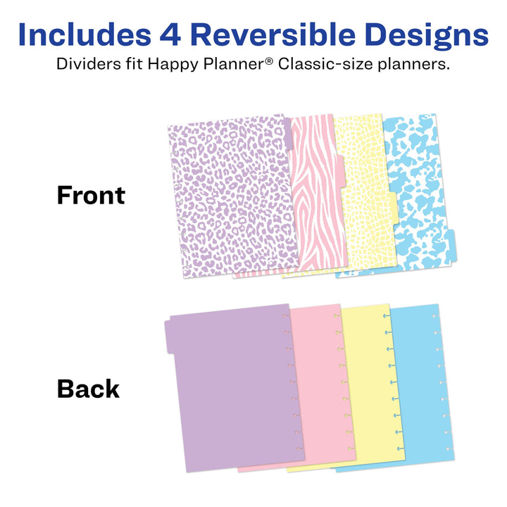 Avery Planner Dividers for Happy Planner 9-disc Classic Size Planners, 4-Tab Set, Pastel Animal Print Design, 1 Set (25495)