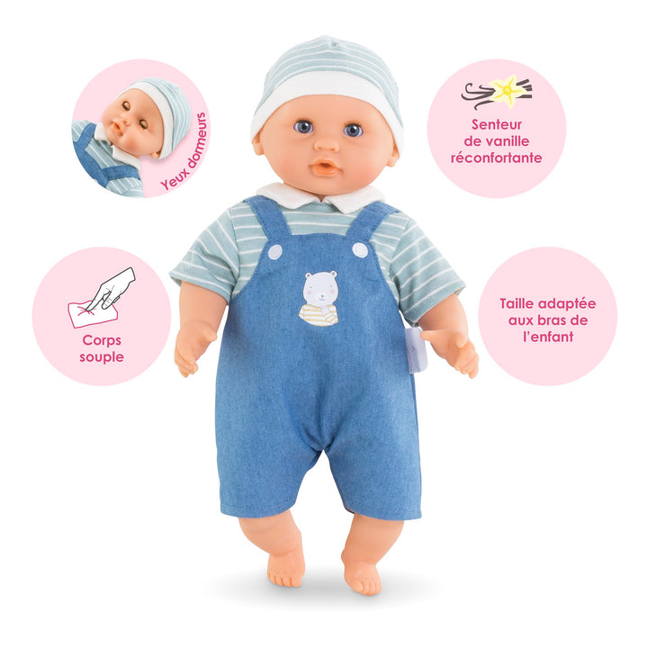 Corolle Bébé Calin Mael Boy Baby Doll - 12" Soft Body Doll with Blue Outfit, Sleeping Eyes That Open and Close, Vanilla Scented, Mon Premier Poupon Collection for Ages 18 Months and up