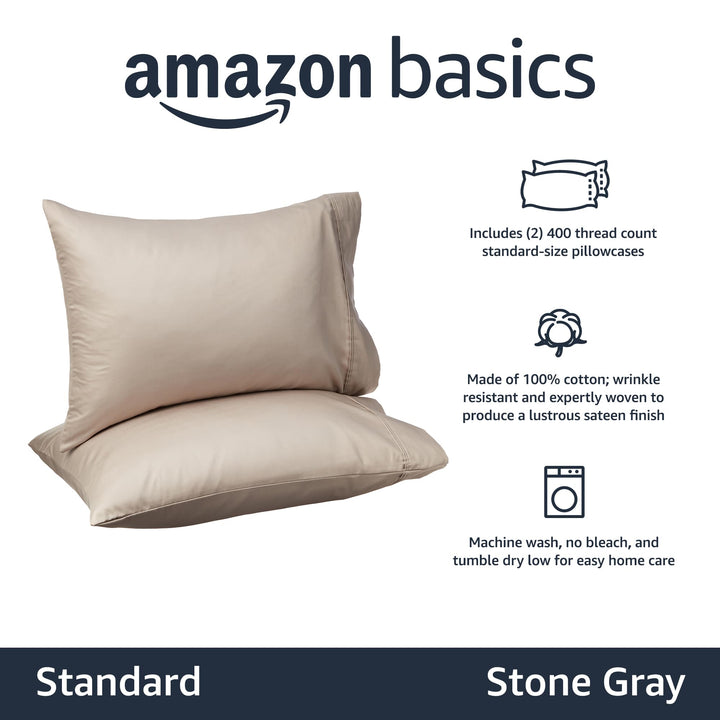 Basics 400 Thread Count Cotton Pillow Case, Standard, 30" L x 20" W, Stone Gray - Set of 2