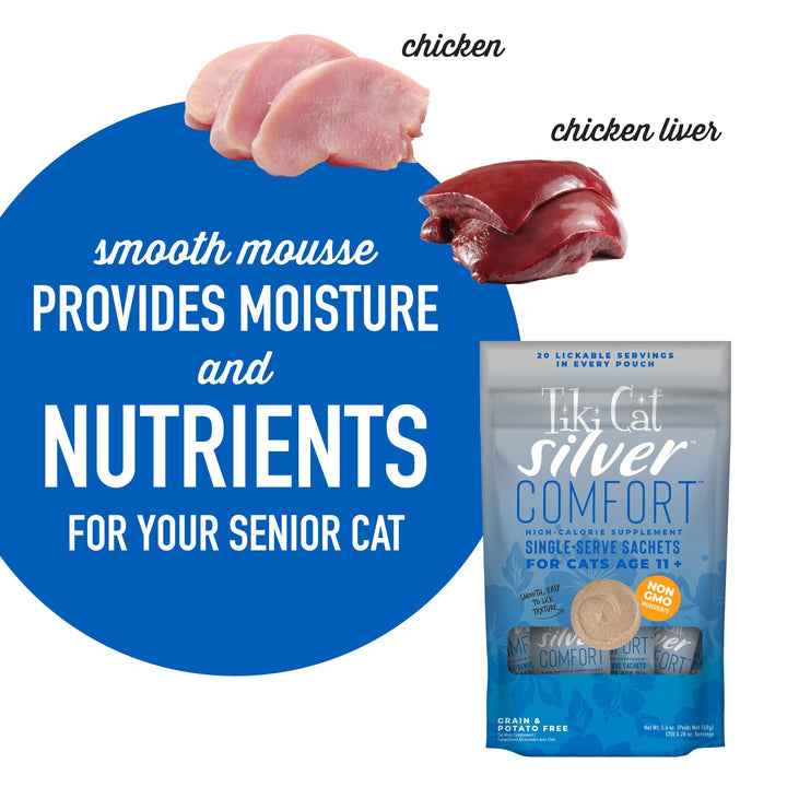 Tiki Cat Silver Comfort Chicken & Chicken Liver Recipe 5.6 oz. (20/.28oz) (20 Sachets) 5.6 Ounce (Pack of 1)