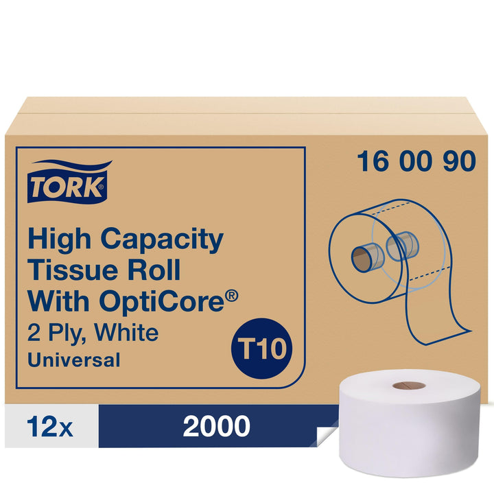 Tork OptiCore® Mid-size Toilet Paper Roll White T10, Universal, 2-ply, 12 x 2000 sheets, 160090