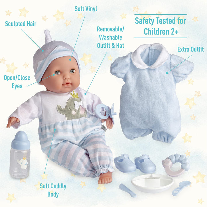 15" Realistic Soft Body Baby Doll with Open/Close Eyes | JC Toys - Berenguer Boutique | 10 Piece Gift Set with Bottle, Rattle, Pacifier & Accessories | Blue | Ages 2+ Blue Gift Set