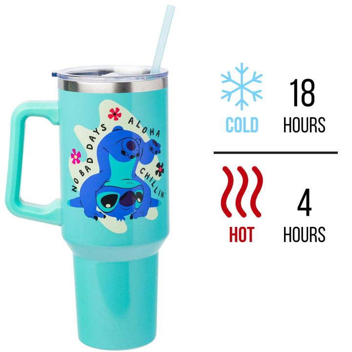 Silver Buffalo Disney Lilo and Stitch Aloha No Bad Days Chillin’ Stainless Steel Tumbler with Handle and Straw, Fits in Standard Cup Holder, 40 Ounces