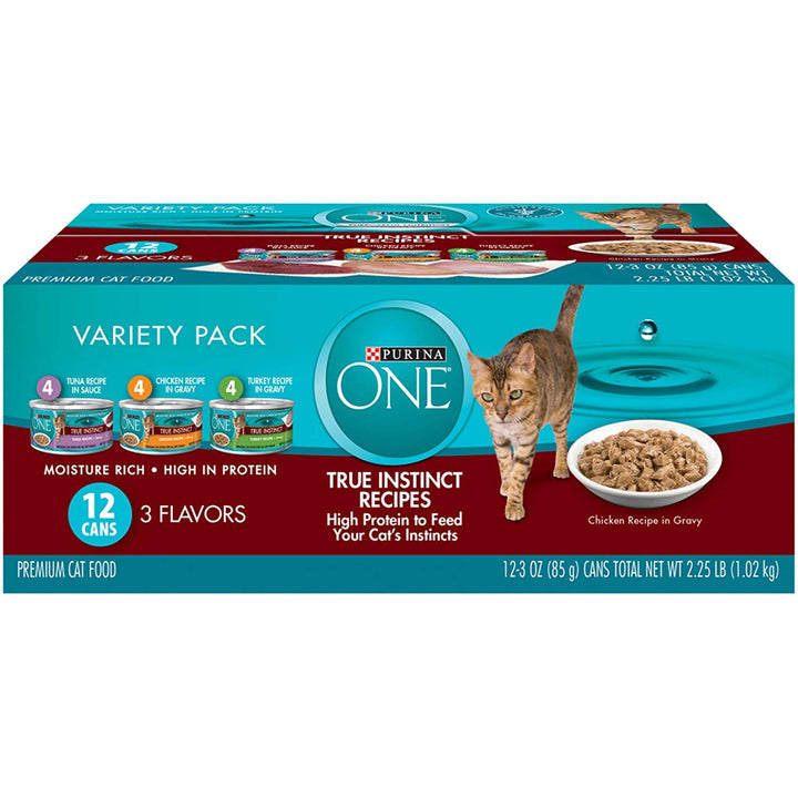 Purina ONE Natural, High Protein Wet Cat Food Variety Pack, True Instinct Turkey, Chicken and Tuna Recipes - (Pack of 2 Packs of 12) 3 oz. Cans 3 Ounce (Pack of 24)