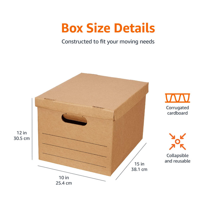 Basics Small Moving Boxes with Lid and Handles, 20 Pack, Brown, 15 x 10 x 12 inches