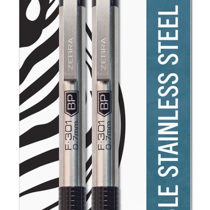 Zebra Pen F-301 Retractable Ballpoint Pen, Stainless Steel Barrel, Fine Point, 0.7mm, Black Ink, 2-Pack