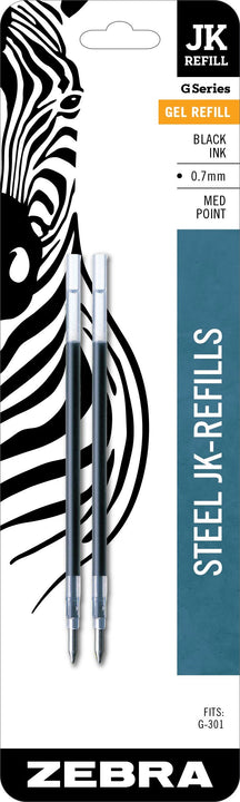 Zebra Pen G-Series Stainless Steel Gel Ink Pen JK-Refill, Medium Point, 0.7mm, Black Ink, 2-Pack