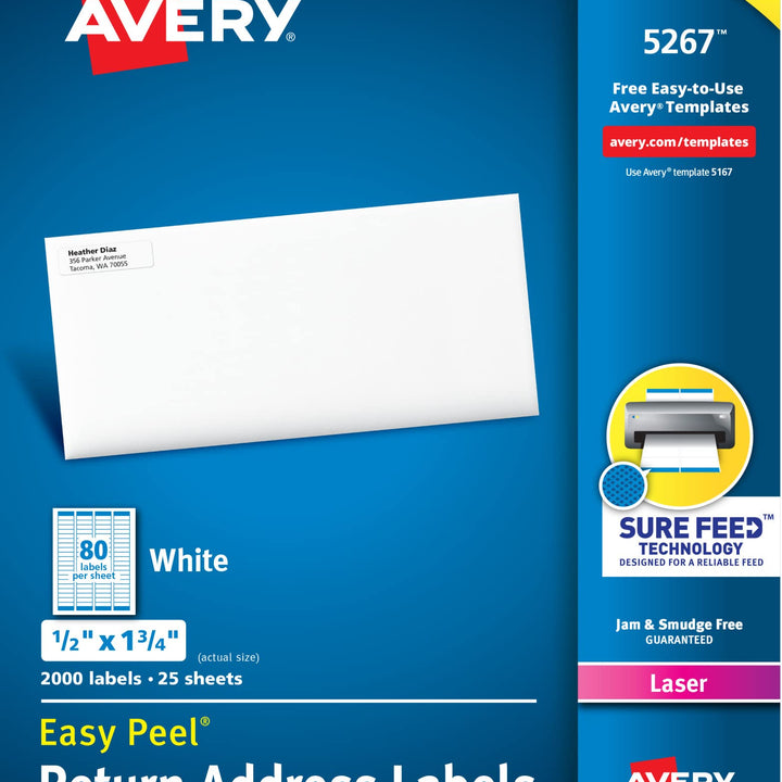 Avery Printable Return Address Labels with Sure Feed, 0.5" x 1.75", White, 2,000 Blank Mailing Labels (05267) 2,000 labels