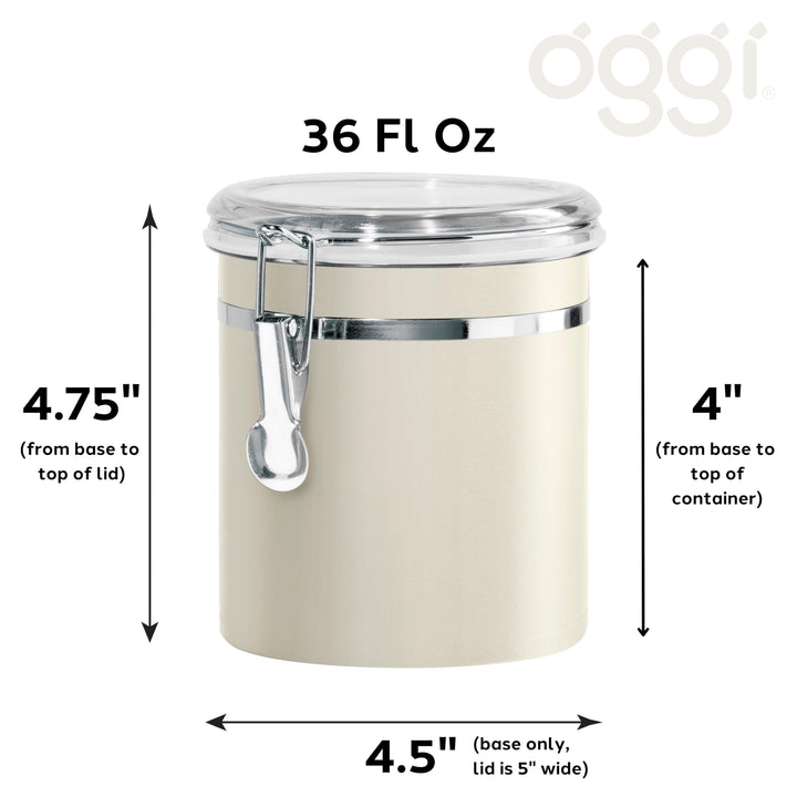 Oggi Stainless Steel Kitchen Canister 36 fl oz, Gray - Airtight Clamp Lid, Clear See-Thru Top - Ideal for Kitchen Storage, Food Storage, Pantry Storage. Size 4.75" H x 5" W (including Lid). Warm Gray 36-ounce Airtight Canister