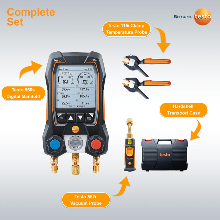 Testo 550s AC Manifold Gauge Set – Manifold Gauges Hvac and Refrigeration – Incl. 2x testo 115i Pipe Clamp Thermometer, 1x testo 552i Micron Gauge - AC Recharge Kit, AC Gauge Set with Bluetooth Vacuum Kit Digital Manifold