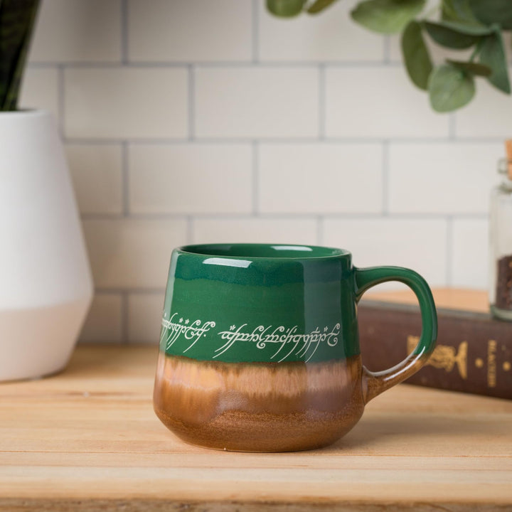 Silver Buffalo Lord of The Rings Elven Text High Gloss Reactive Glaze Tapered Pottery Mug,14 Ounces Green/Brown/Multi