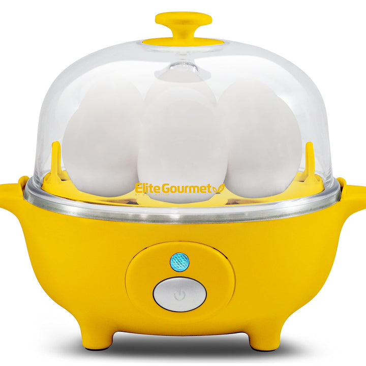 Elite Gourmet EGC-007Y# Rapid Egg Cooker, 7 Easy-To-Peel, Hard, Medium, Soft Boiled Eggs, Poacher, Omelet Maker, Auto Shut-Off, Alarm, 16-Recipe Booklet, Yellow 7 Egg