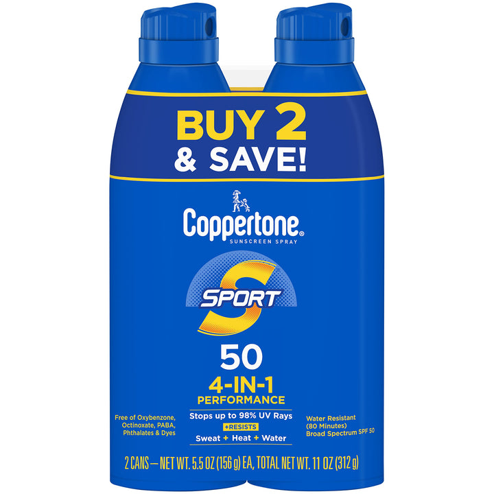 Coppertone SPORT Sunscreen Spray SPF 50, Water Resistant Spray Sunscreen, Broad Spectrum SPF 50 Sunscreen Pack, 5.5 Oz Spray, Pack of 2