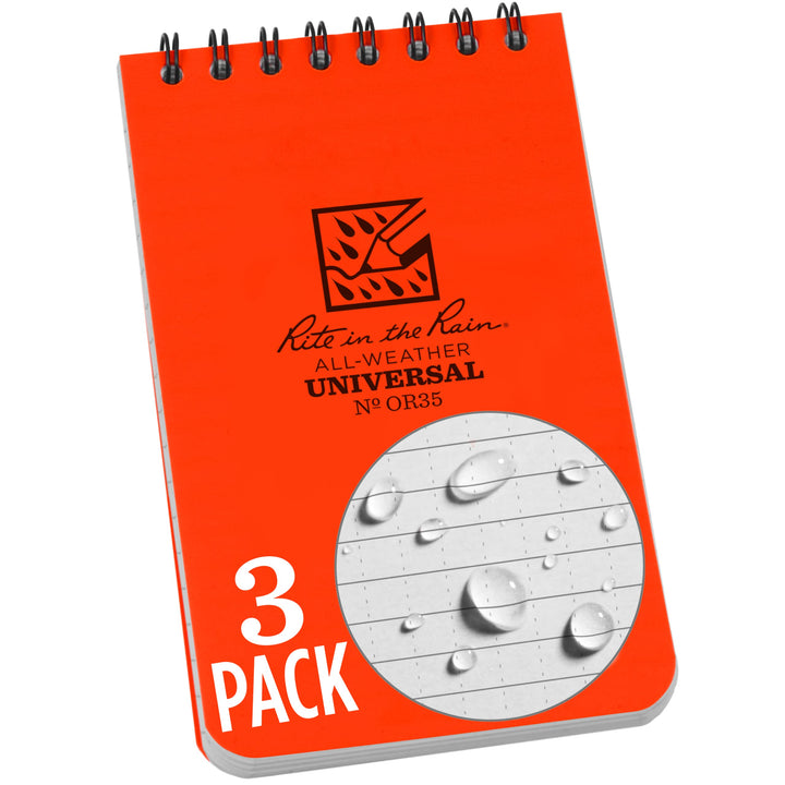 Rite in the Rain Weatherproof Top Spiral Notebook, 3" x 5", Orange Cover, Universal Pattern, 3 Pack (No. OR35-3X) Orange 2