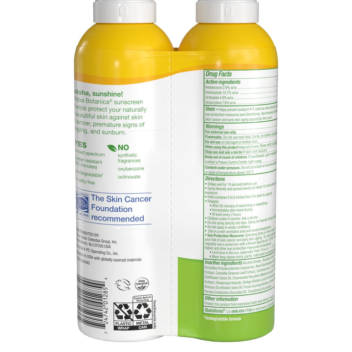 Alba Botanica Sensitive Sunscreen Spray for Face and Body, Fragrance-Free, Broad Spectrum SPF 50, Water Resistant, 5 fl oz Bottle (Pack of 2)