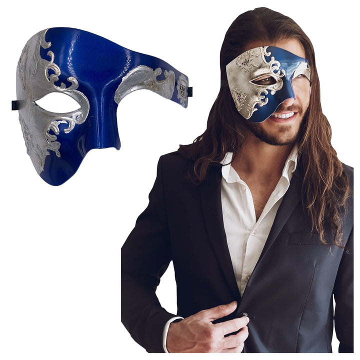 Masquerade Mask For Men Phantom Of The Opera Mask Prom Mardi Gras Haloween Venetian Half Face Mask Blue/Silver One Size