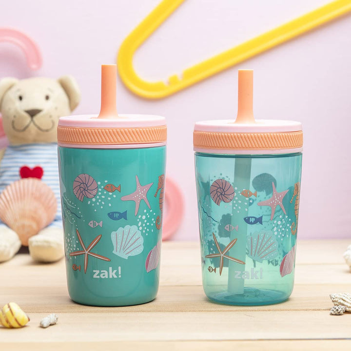 Zak Designs Shells Kelso Tumbler Set, Leak-Proof Screw-On Lid with Straw, Bundle for Kids Includes Plastic and Stainless Steel Cups with Bonus Sipper (3pc Set, Non-BPA) 15 fl.oz. Classic