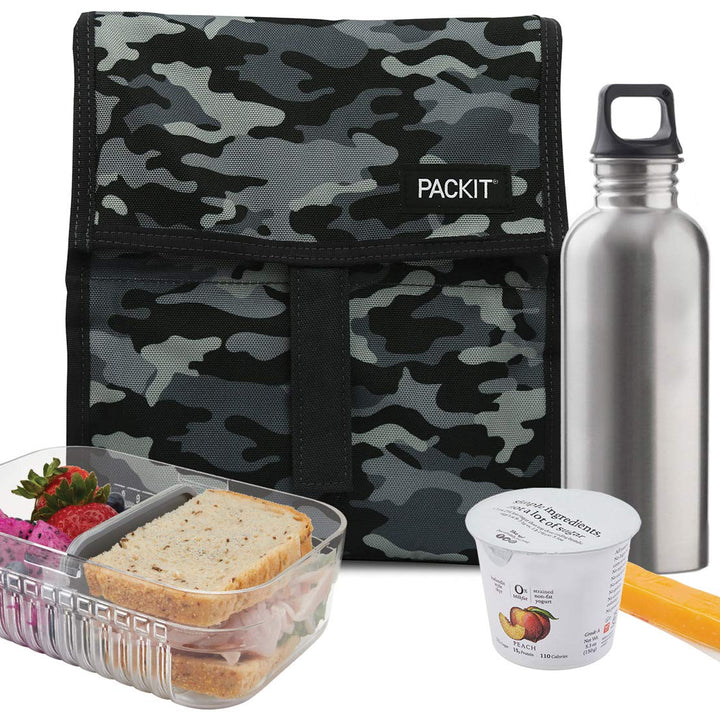 PackIt Freezable Lunch Bag, Charcoal Camo, Built with EcoFreeze Technology, Foldable, Reusable, Zip and Velcro Closure with Buckle Handle, Perfect for Lunches