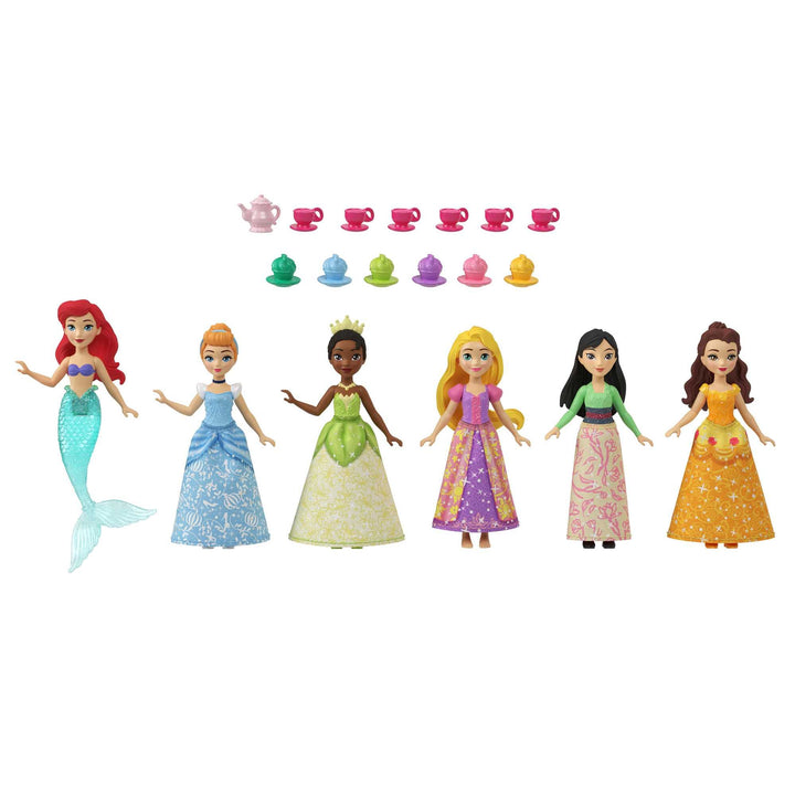 Mattel Disney Princess Small Doll Party Set with 6 Posable Princess Dolls in Sparkling Clothing and 13 Tea Time Accessories