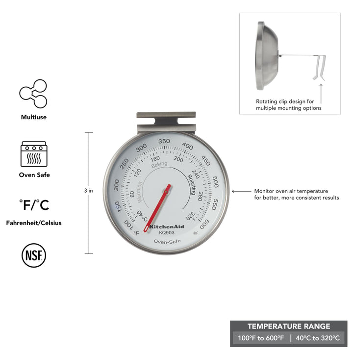 KitchenAid KQ903 3-in Analog Dial Oven/Appliance Thermometer, TEMPERATURE RANGE: 100F to 600F, Stainless Steel Oven Thermometer