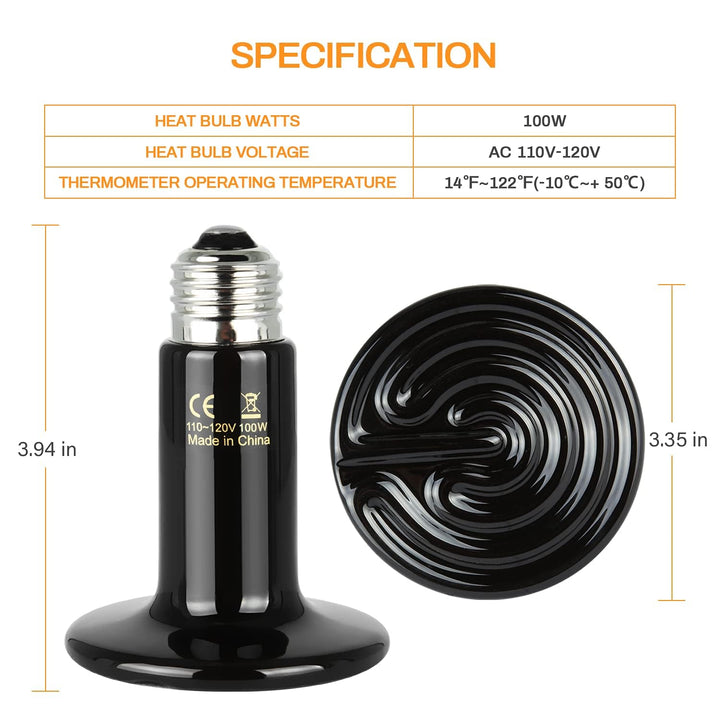 Simple Deluxe 100W Ceramic Heat Lamp Reptile Heat Emitter Heater Lamp Bulb No Light with Free Digital-Thermometer, for Pet Brooder Coop Chicken, Dragon Turtle Lizard Snake Aquarium Tank Black