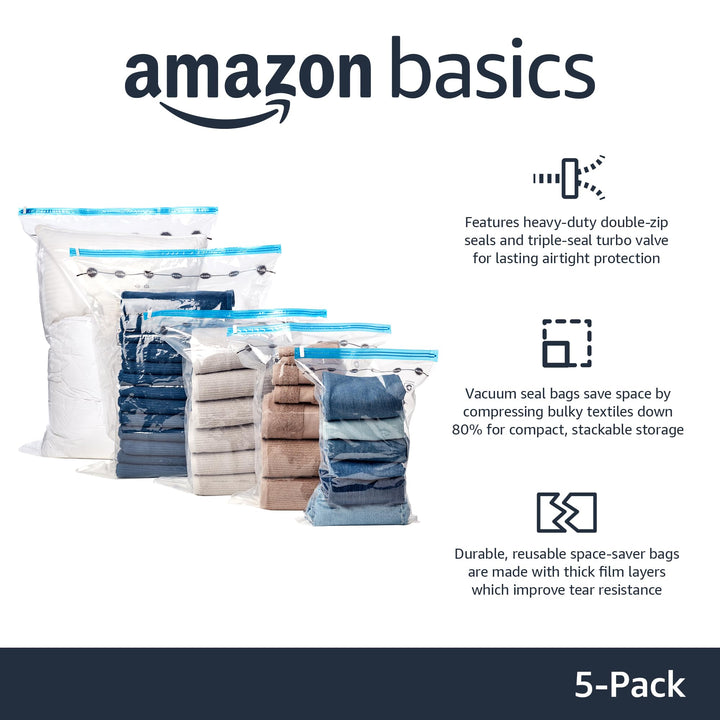 Basics Vacuum Compression Zipper Storage Bags With Hand Pump, Medium, 5-Pack, White, Sky Blue