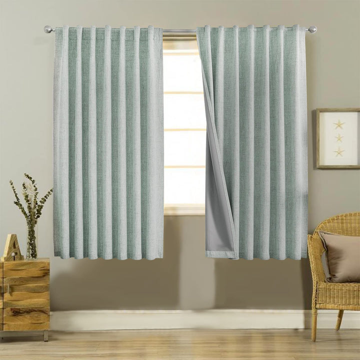 Joydeco 100% Black Out Curtains 63 inch Long 2 Panels Burg Natural Blackout Linen Drapes for Bedroom Living Room Darkening Curtain Thermal Insulated Back tab Rod Pocket(37x63 inch,Sage Green) Sage Green 37"W x 63"L (Pack of 2)