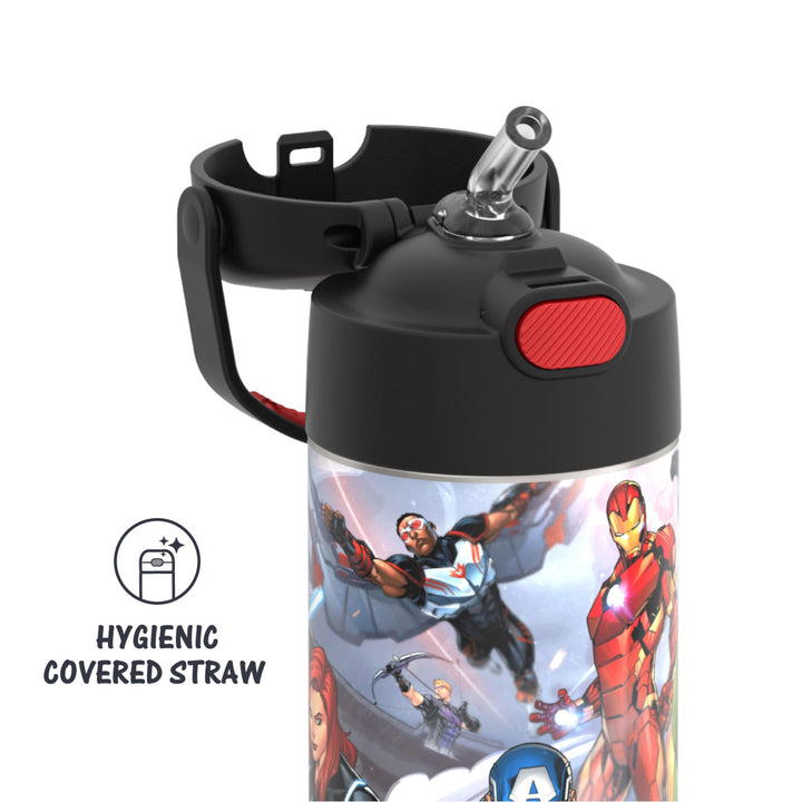 THERMOS FUNTAINER Water Bottle with Straw - 12 Ounce, Avengers - Kids Stainless Steel Vacuum Insulated Water Bottle with Lid Licensed Characters