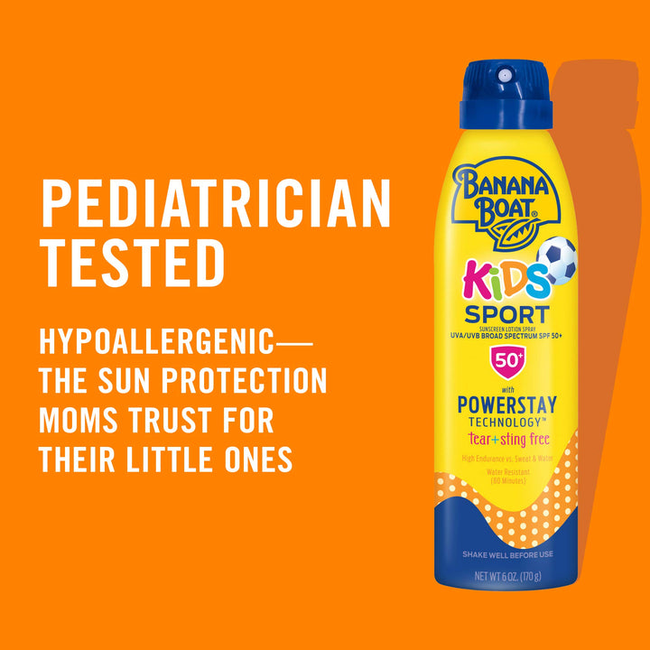 Banana Boat Kids Sport Sunscreen Spray SPF 50, 9.5oz | Kids Sunscreen, Kids Sunblock Spray, Oxybenzone Free Sunscreen for Kids, Spray Sunscreen SPF 50, Family Size Sunscreen, 9.5oz 9.5 Fl Oz (Pack of 1) 9.5 Ounce (Pack of 1)