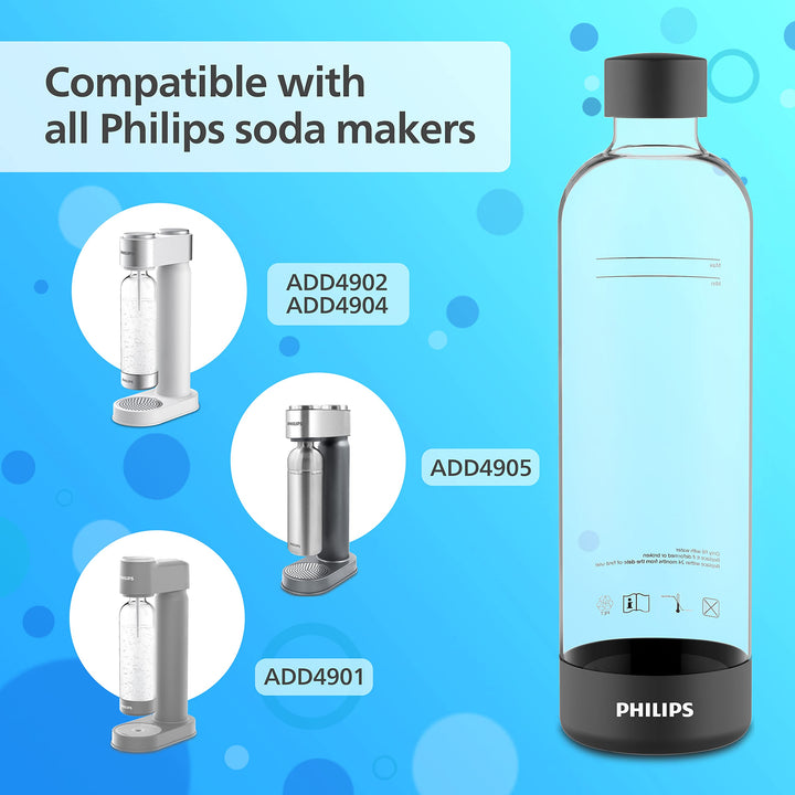 PHILIPS Carbonating Bottles, 1L Twin Pack Reusable PET Sparkling Water Bottles Compatible Sparkling Water Maker, 2 Pack, Black Twin Pack Bottles Black