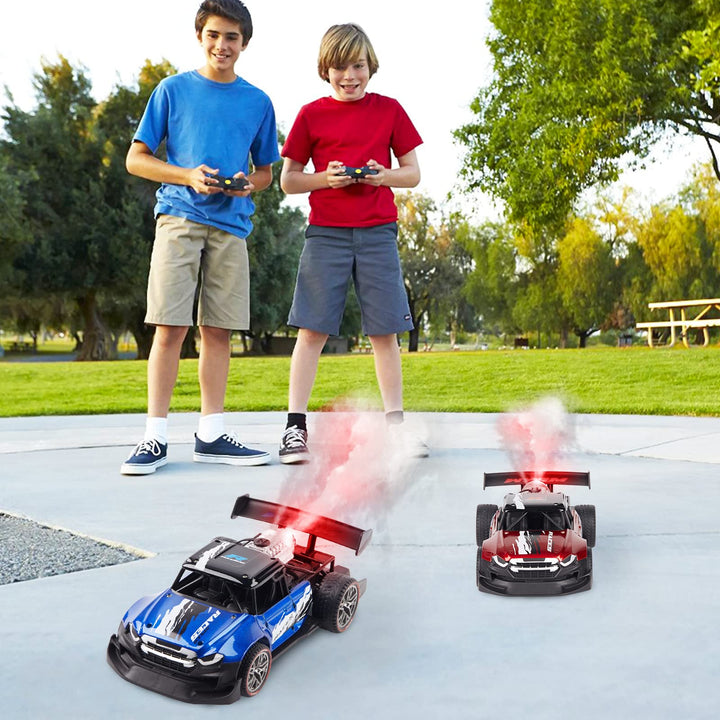 2 Pack Remote Control Drift Car with Spray and Light, Fog Mist Sport Racing Cars, 2.4GHZ 4WD High Speed Off Road Truck, Toy Vehicle for Adults Kids Boys Girls, Blue and Red