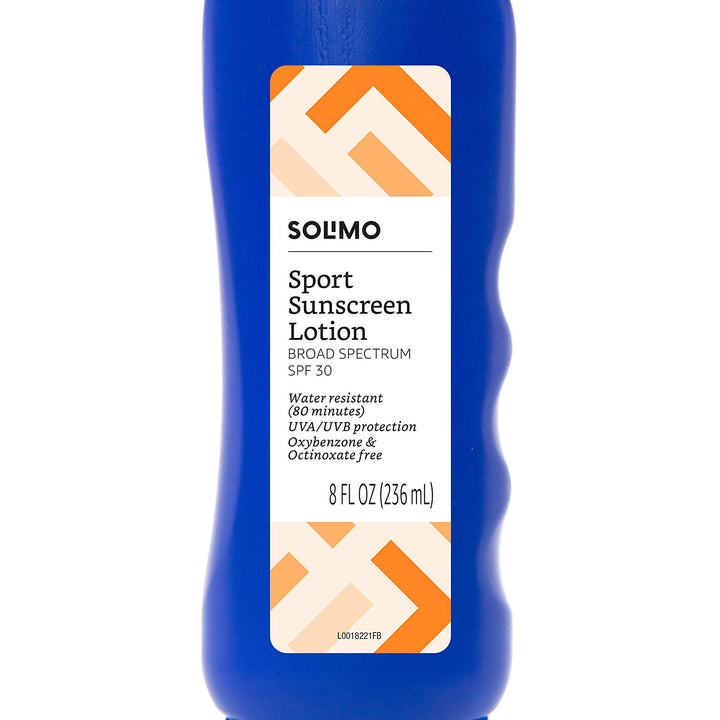 Amazon Brand - Solimo Sport Sunscreen Lotion, SPF 30, (Octinoxate & Oxybenzone Free), Broad Spectrum UVA/UVB Protection, unscented, 8 fl oz (Pack of 6)