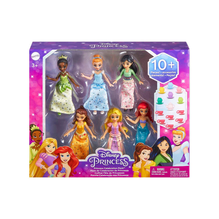 Mattel Disney Princess Small Doll Party Set with 6 Posable Princess Dolls in Sparkling Clothing and 13 Tea Time Accessories