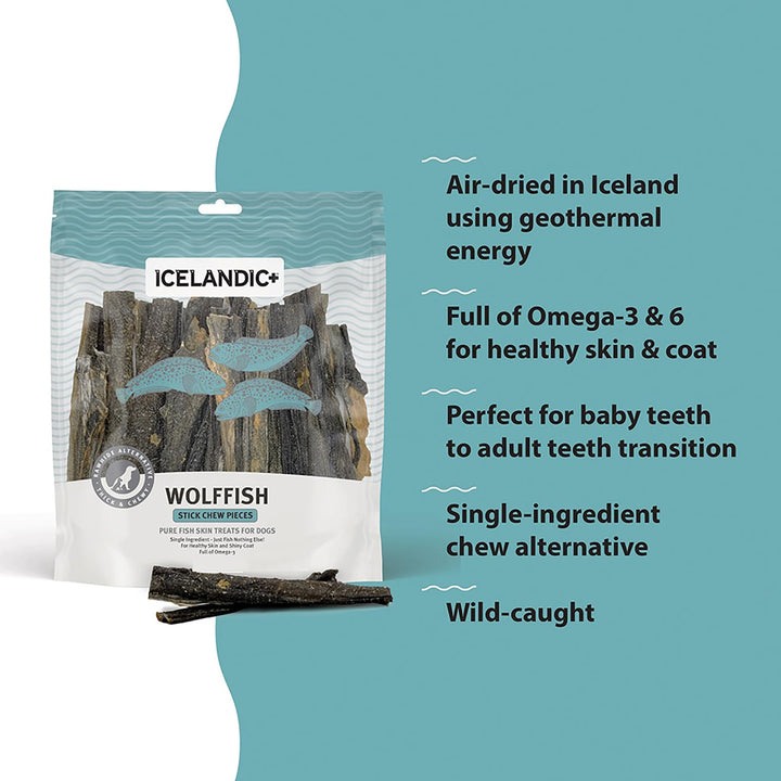 Icelandic+ Sticks & Pieces: Wolffish 9oz - Pure Fish Skin Dog Treats, Air-Dried Single Ingredient Long Lasting Chews