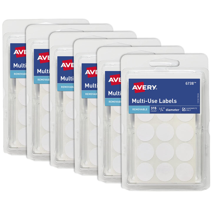 Avery Multi-Use Removable Labels, 3/4 Inch Round Stickers, White, Non-Printable, 315 Labels Per Pack, 6-Pack, 1,890 Blank Labels Total (36738) 6 Pack