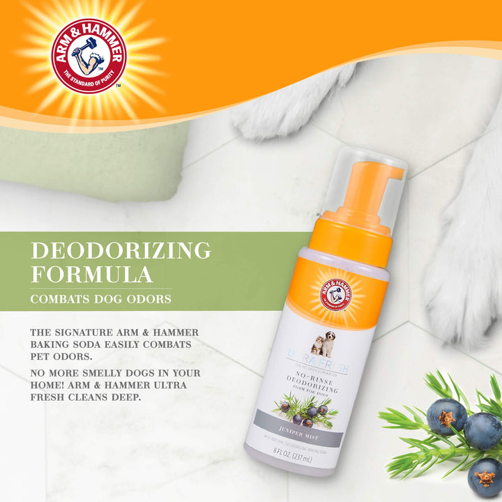 Arm & Hammer for Pets Ultra Fresh Dog Deodorizing Foam, Juniper Mist Scent - No Rinse Waterless Dog Shampoo for Smelly Dogs, Pet Deodorizer, Bathing Supplies, 8 Fl Oz No-Rinse Deodorizing Foam for Dogs 8 Fl Oz (Pack of 1)