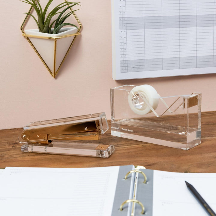 russell+hazel Acrylic Tape Dispenser, Clear with Gold-Toned Hardware, 1-13/16” x 6” x 3-3/8” (31734) Weighted Tape Dispenser