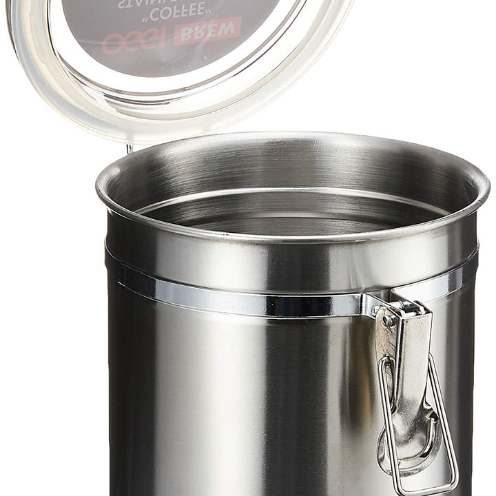 Oggi Stainless Steel Coffee Canister 62 fl oz - Airtight Clamp Lid, Clear See-Thru Top - Ideal for Coffee Bean Storage, Ground Coffee Storage, Kitchen Storage, Pantry Storage. Large Size 5" x 7.5".