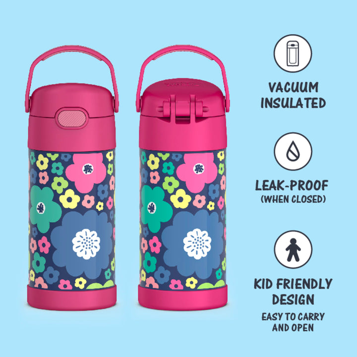 THERMOS FUNTAINER Water Bottle with Straw - 12 Ounce, Mod Flowers - Kids Stainless Steel Vacuum Insulated Water Bottle with Lid FUNTAINER 12 Ounce Bottle