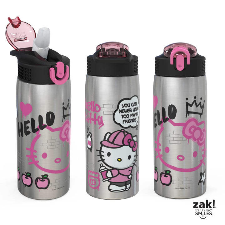 Zak Designs Sanrio Water Bottle for Travel and At Home, 19 oz Vacuum Insulated Stainless Steel with Locking Spout Cover, Built-In Carrying Loop, Leak-Proof Design (Hello Kitty) Hello Kitty