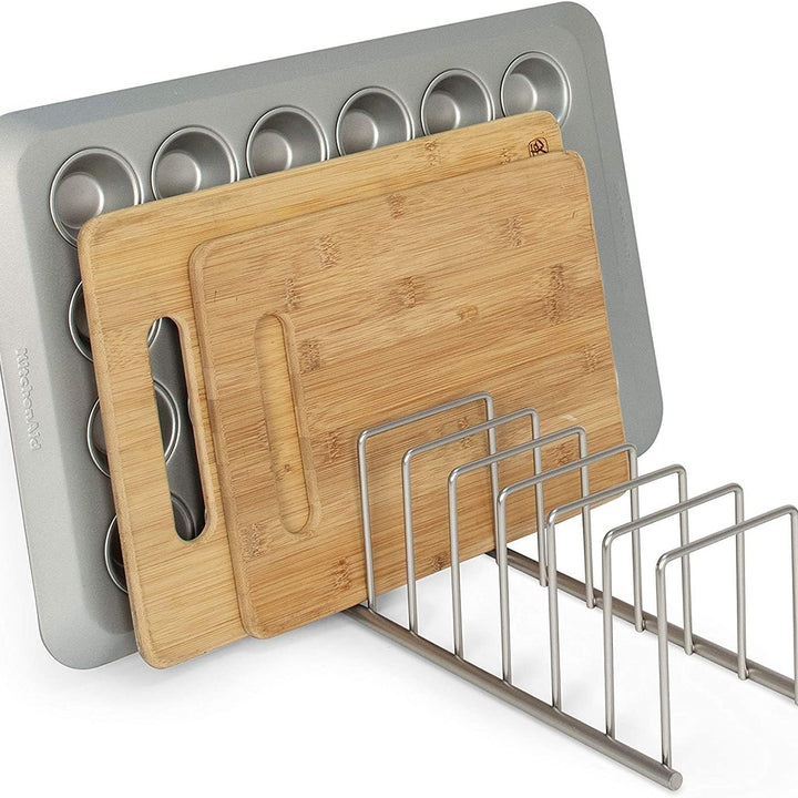 Spectrum Diversified Euro Kitchen Organizer for Plates, Cutting Boards, Bakeware Cooling Racks, Pots & Pans, Serving Trays, Reusable Containers, and Lids, Satin Nickel 13.5" x 4.5" x 4.25"