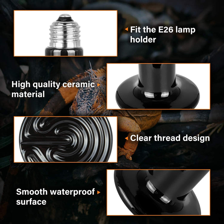 Simple Deluxe 25W/40W/50W/60W/100W/150W Ceramic Heat Emitter Reptile Heat Lamp Bulb No Light Emitting Brooder Coop Heater for Amphibian Pet & Incubating Chicken, Black/2-Pack, 50W 50 Watts