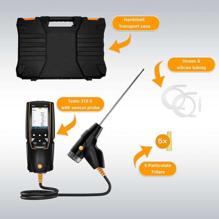 testo Natural Gas Detector Set 310 II – Manometer for Temperature, Flue Gas, and Pressure – Combustion Analyzer – CO Meter – Air Quality Tester with Smart App – Carbon Monoxide Meter with Probe App Connection Standard Set