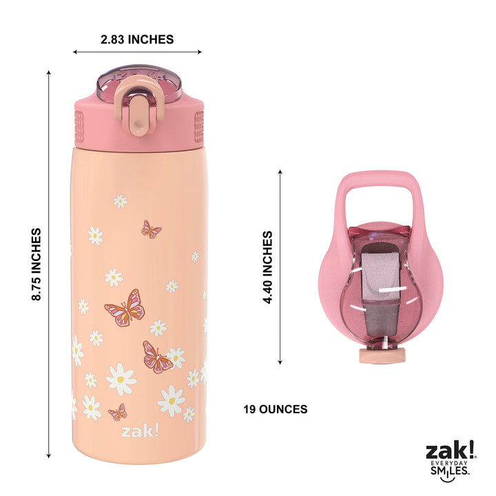 Zak Designs Water Bottle for Travel and At Home, 19 oz Vacuum Insulated Stainless Steel with Locking Spout Cover, Built-In Carrying Loop, Leak-Proof Design (Daisies) Daisies