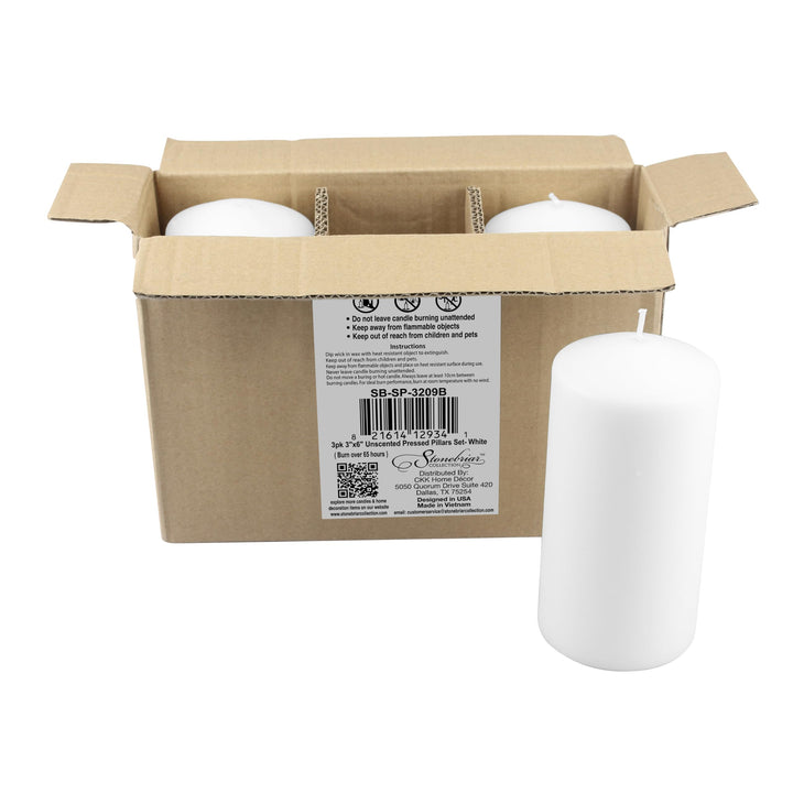 Stonebriar 3 Pack Tall 3 x 6 Inch 65 Hour Long Burning Unscented White Wax Pillar Candles 3x6 3.0