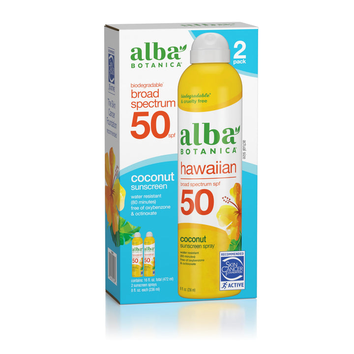 Alba Botanica Hawaiian Coconut Sunscreen, Spray Broad Spectrum SPF 50 Sunscreen, Water Resistant and Biodegradable 8 fl oz Bottle (Pack of 2) 8 Fl Oz (Pack of 2)