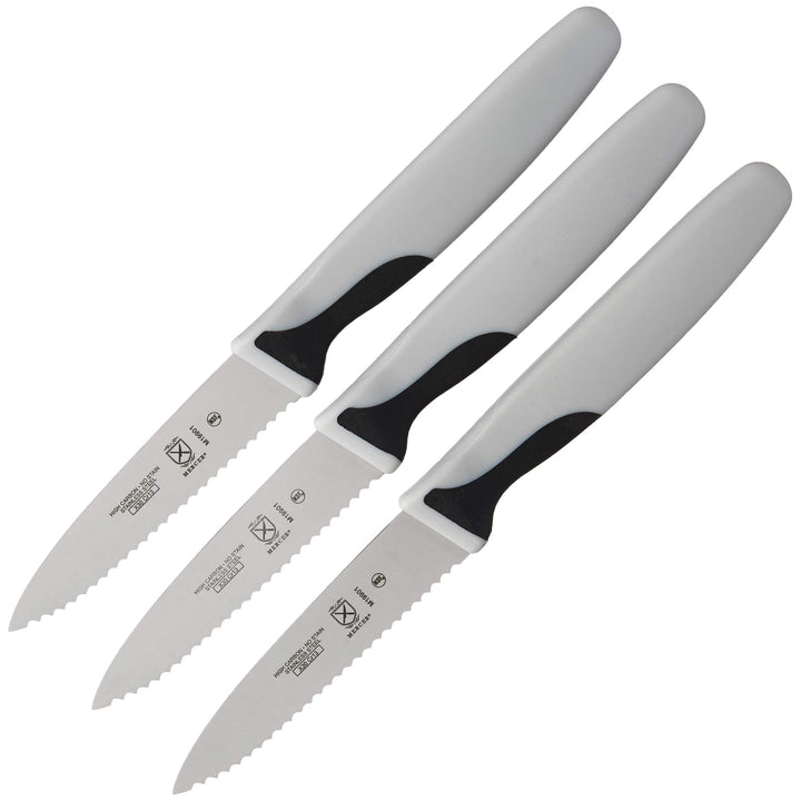 Mercer Culinary M19903 Millennia Black Handle, 3-Inch Slim Serrated Paring Knives (3-Pack), Paring Knife