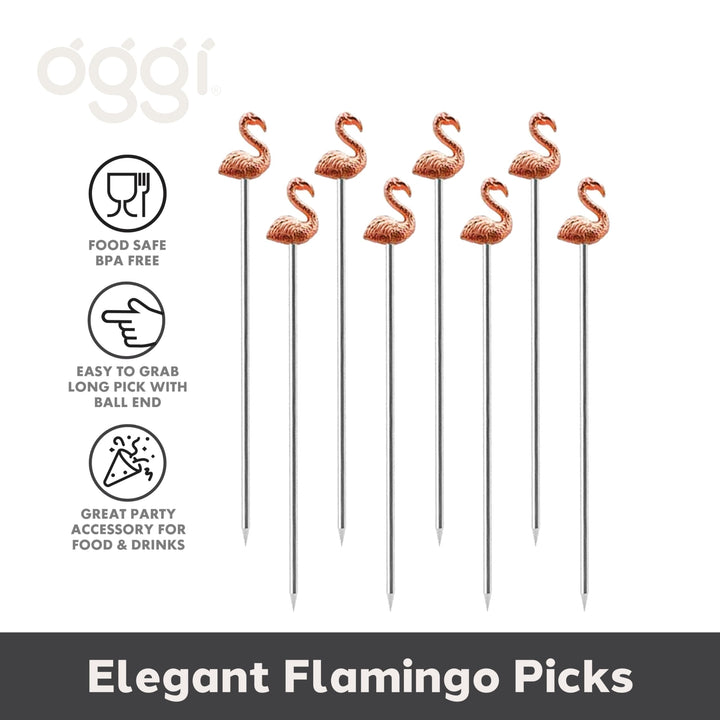 OGGI Flamingo Metal Cocktail Picks Stick 8 pcs - Martini Picks, Reusable Rose Gold Metal Cocktail Skewers, Martini Sticks for Olives, Appetizers, Tiki, Luau, 4.5" / 11.5cm Flamingo Picks Cocktail Sticks